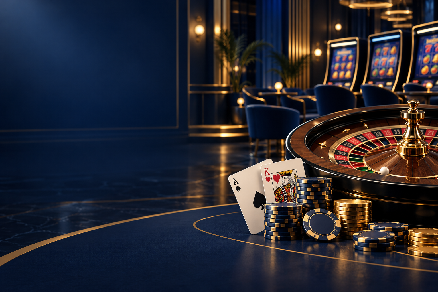 Navy casino lounge with roulette, cards, chips and slot screens