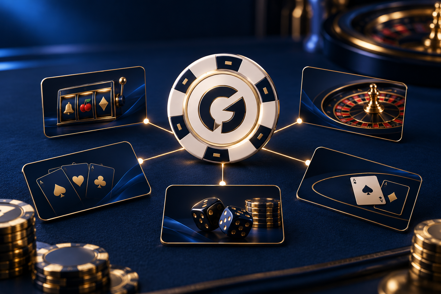 Navy and gold casino route cards with a circular casino chip